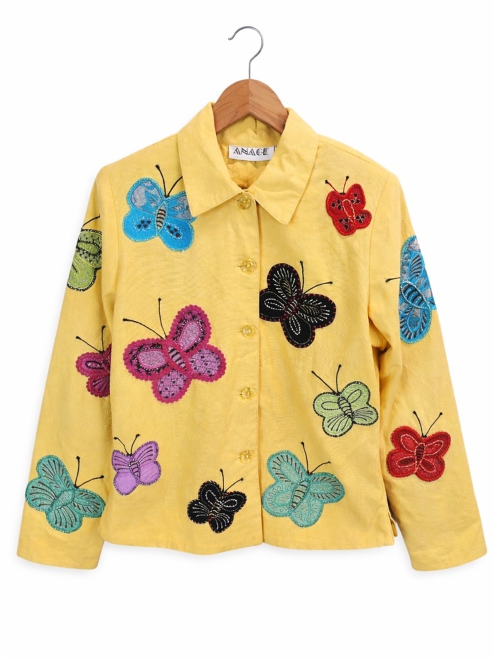 NWT Vintage Anage Butterfly Applique Button Up Jacket Small Yellow Festival Boho